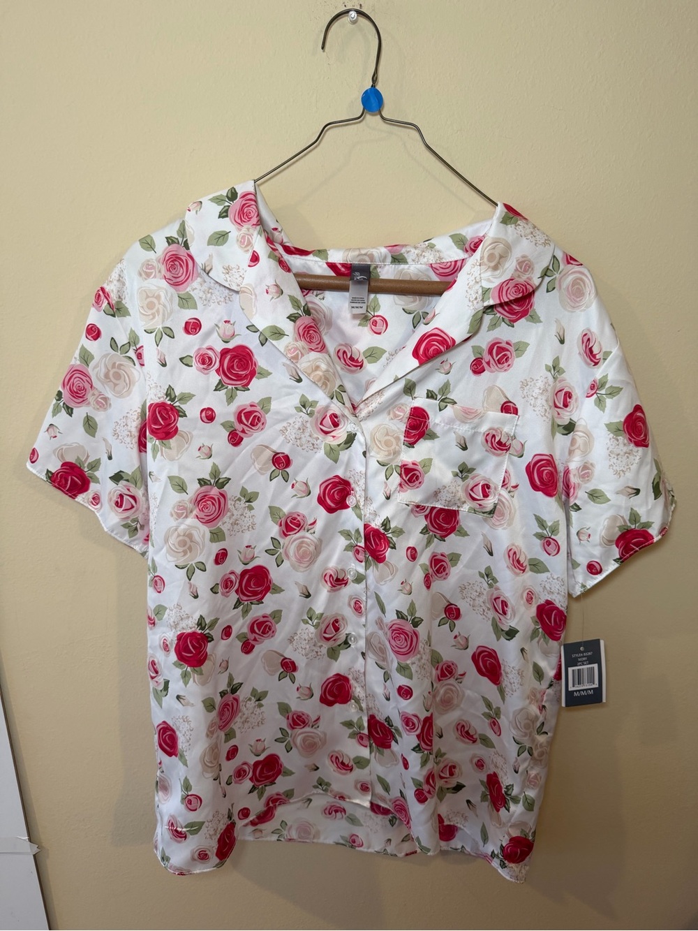 Women's Short Sleeve Floral Pajama Top - White with Pink Rose Print